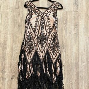 Flapper Sequin Fringe Dress Blk Stretch L Costume 20's Swing Women Pretty Guide